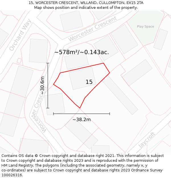 15, WORCESTER CRESCENT, WILLAND, CULLOMPTON, EX15 2TA: Plot and title map