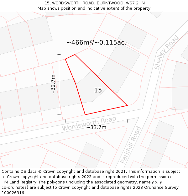 15, WORDSWORTH ROAD, BURNTWOOD, WS7 2HN: Plot and title map