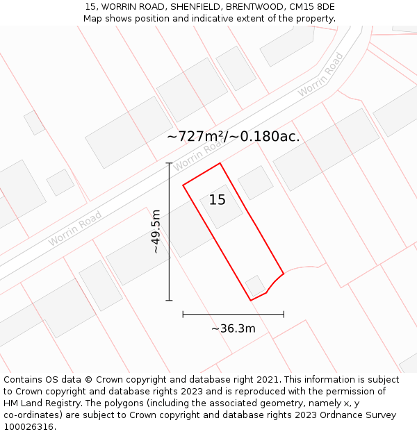 15, WORRIN ROAD, SHENFIELD, BRENTWOOD, CM15 8DE: Plot and title map
