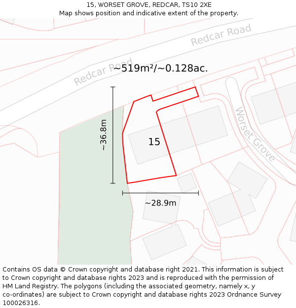 15, WORSET GROVE, REDCAR, TS10 2XE: Plot and title map