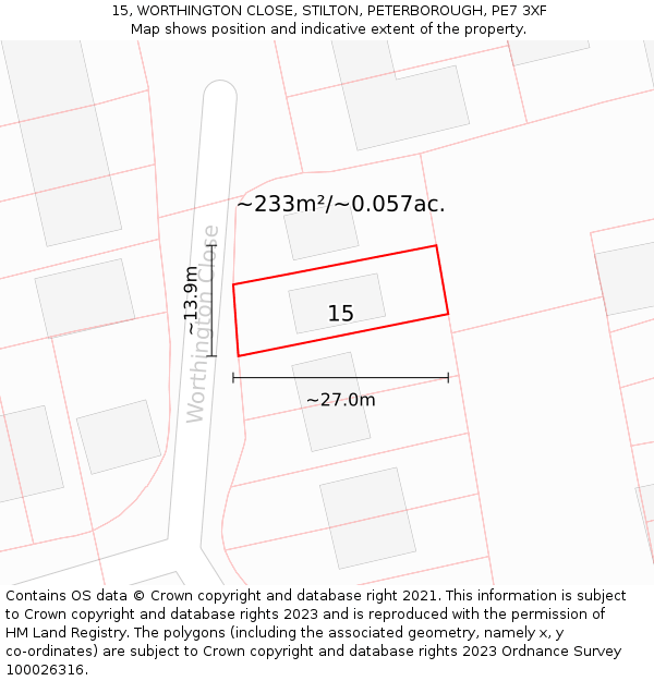 15, WORTHINGTON CLOSE, STILTON, PETERBOROUGH, PE7 3XF: Plot and title map