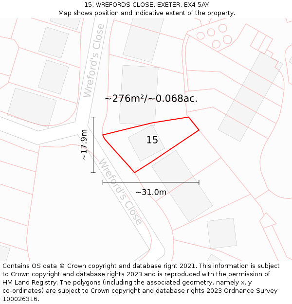 15, WREFORDS CLOSE, EXETER, EX4 5AY: Plot and title map