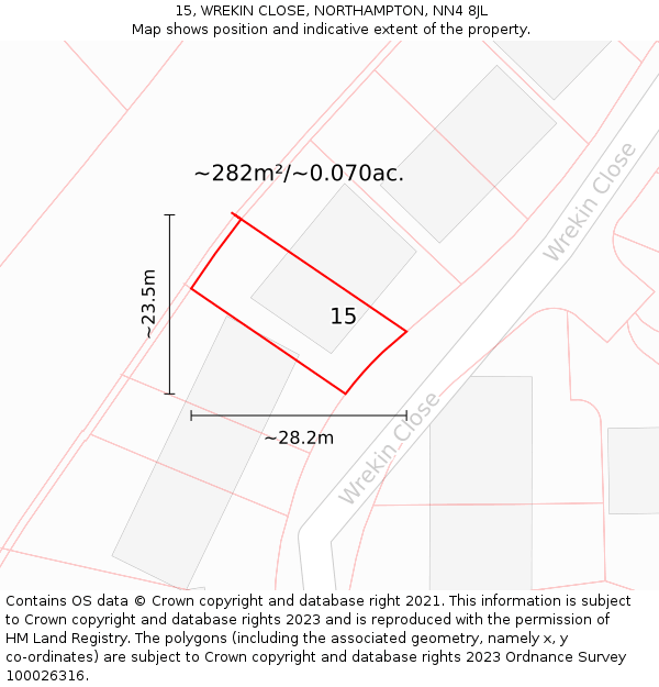 15, WREKIN CLOSE, NORTHAMPTON, NN4 8JL: Plot and title map
