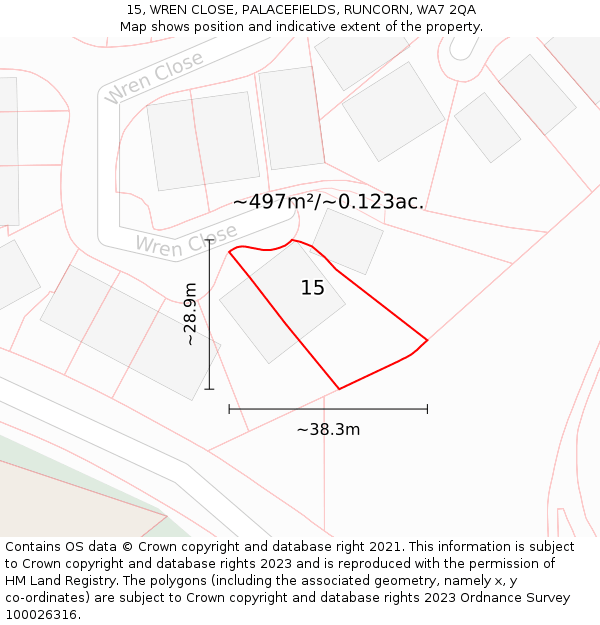 15, WREN CLOSE, PALACEFIELDS, RUNCORN, WA7 2QA: Plot and title map