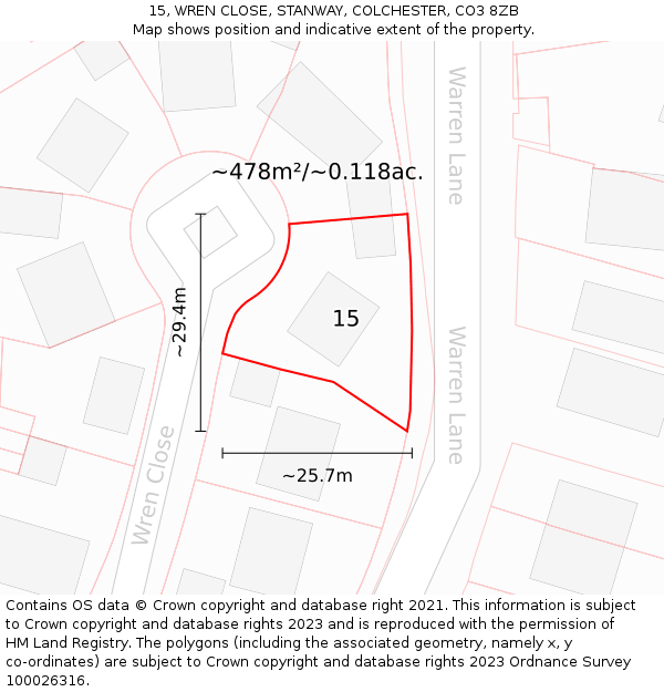15, WREN CLOSE, STANWAY, COLCHESTER, CO3 8ZB: Plot and title map