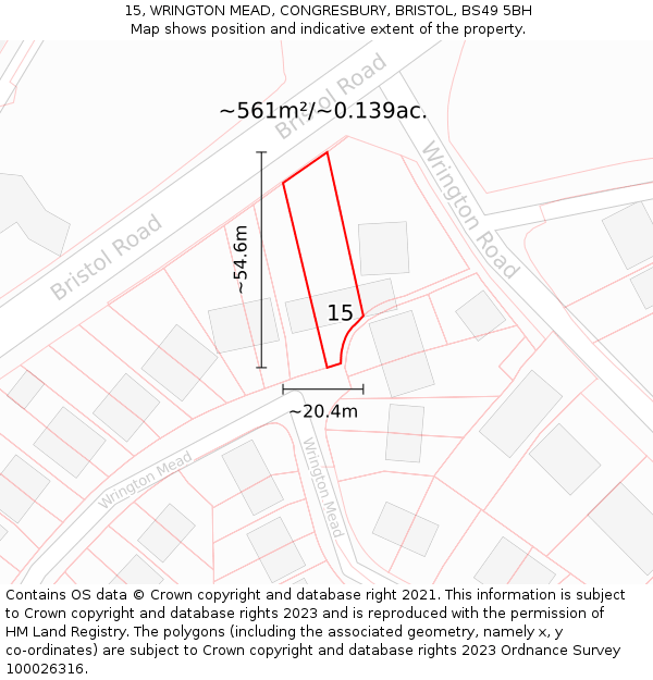 15, WRINGTON MEAD, CONGRESBURY, BRISTOL, BS49 5BH: Plot and title map