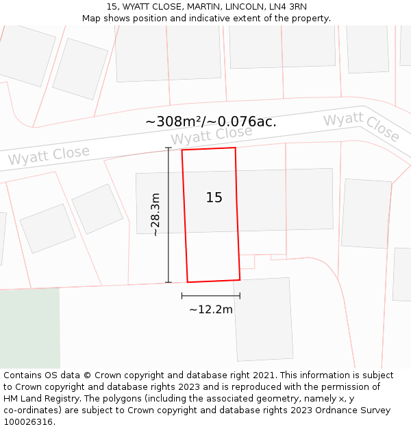15, WYATT CLOSE, MARTIN, LINCOLN, LN4 3RN: Plot and title map