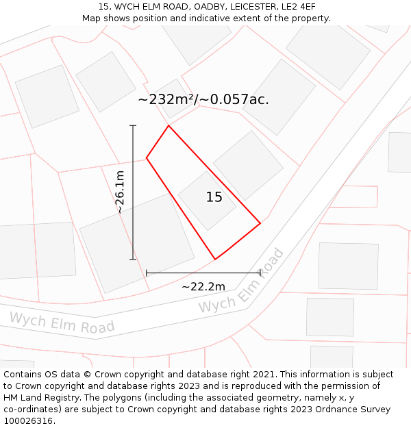 15, WYCH ELM ROAD, OADBY, LEICESTER, LE2 4EF: Plot and title map