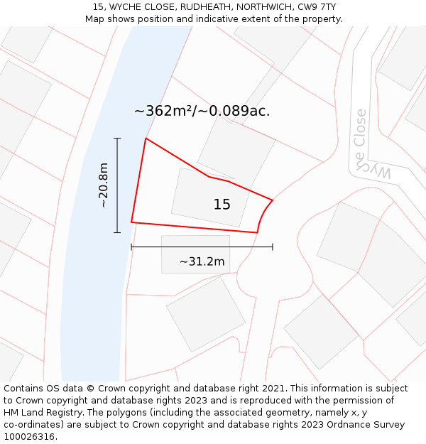 15, WYCHE CLOSE, RUDHEATH, NORTHWICH, CW9 7TY: Plot and title map