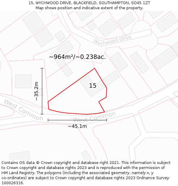 15, WYCHWOOD DRIVE, BLACKFIELD, SOUTHAMPTON, SO45 1ZT: Plot and title map