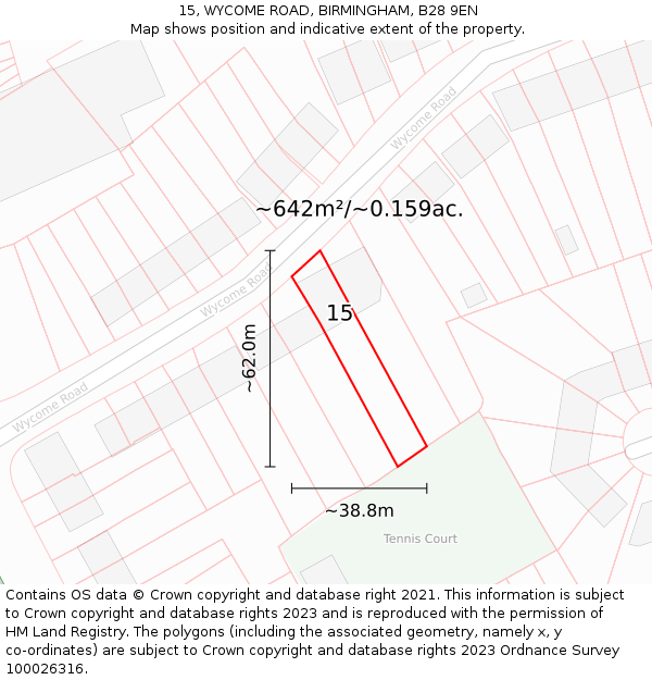 15, WYCOME ROAD, BIRMINGHAM, B28 9EN: Plot and title map