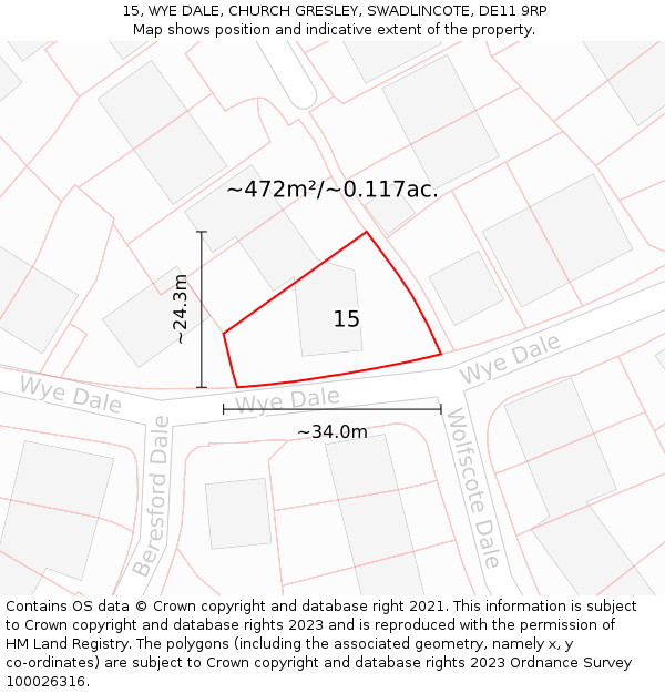 15, WYE DALE, CHURCH GRESLEY, SWADLINCOTE, DE11 9RP: Plot and title map