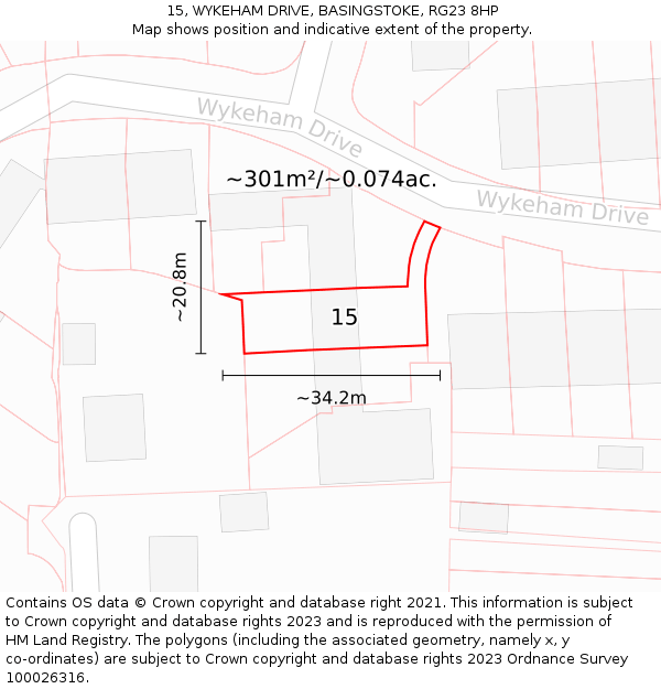 15, WYKEHAM DRIVE, BASINGSTOKE, RG23 8HP: Plot and title map
