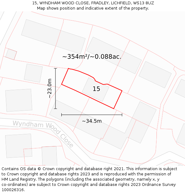 15, WYNDHAM WOOD CLOSE, FRADLEY, LICHFIELD, WS13 8UZ: Plot and title map