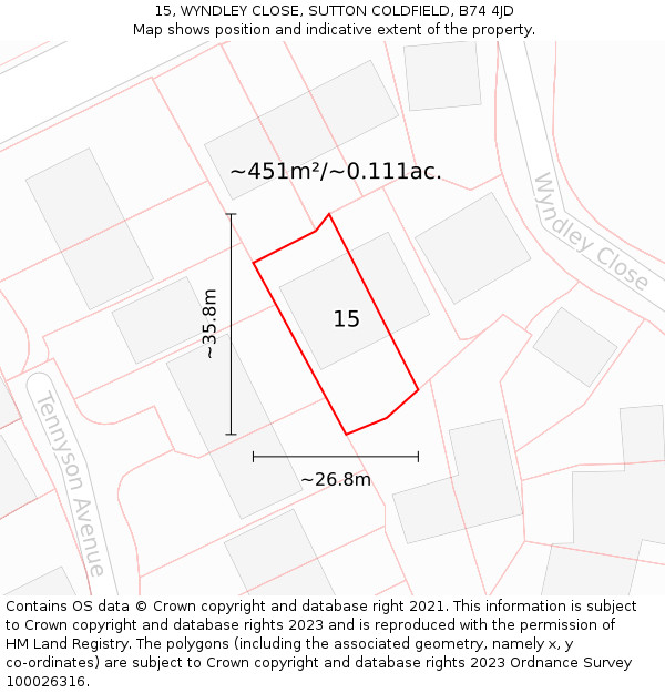 15, WYNDLEY CLOSE, SUTTON COLDFIELD, B74 4JD: Plot and title map