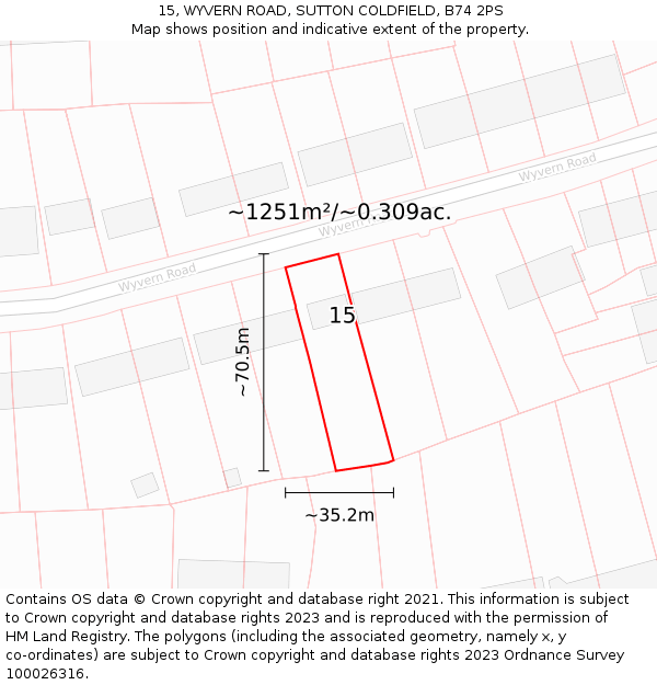 15, WYVERN ROAD, SUTTON COLDFIELD, B74 2PS: Plot and title map