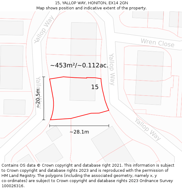 15, YALLOP WAY, HONITON, EX14 2GN: Plot and title map