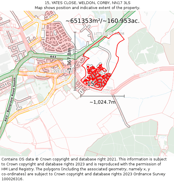 15, YATES CLOSE, WELDON, CORBY, NN17 3LS: Plot and title map