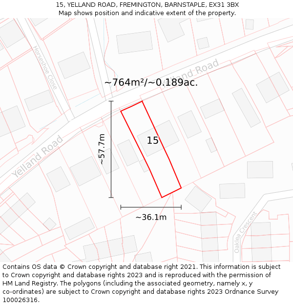 15, YELLAND ROAD, FREMINGTON, BARNSTAPLE, EX31 3BX: Plot and title map