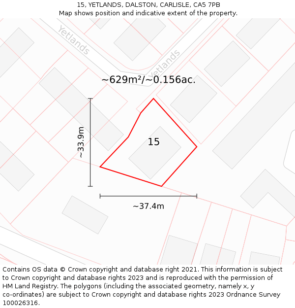 15, YETLANDS, DALSTON, CARLISLE, CA5 7PB: Plot and title map