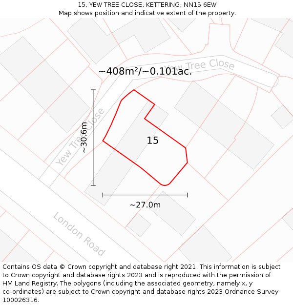 15, YEW TREE CLOSE, KETTERING, NN15 6EW: Plot and title map