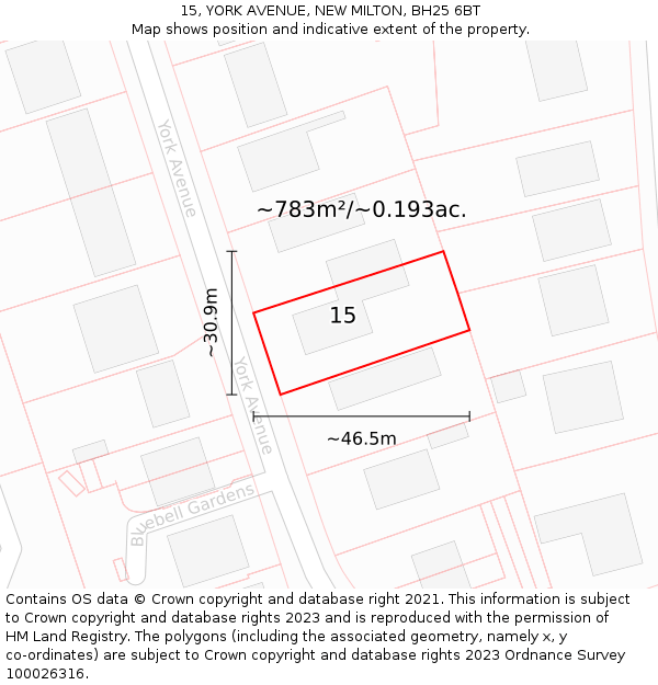 15, YORK AVENUE, NEW MILTON, BH25 6BT: Plot and title map