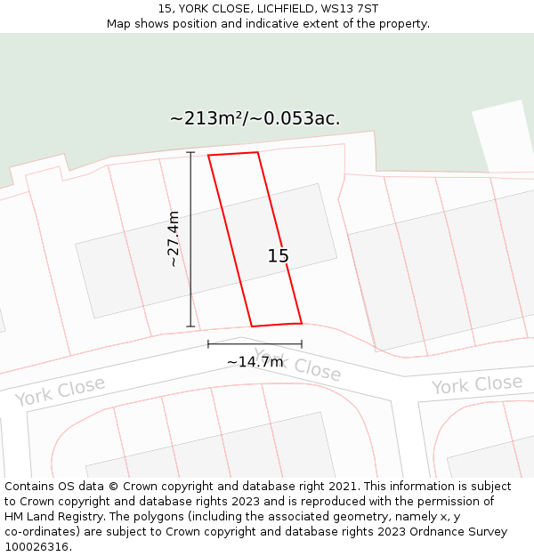 15, YORK CLOSE, LICHFIELD, WS13 7ST: Plot and title map