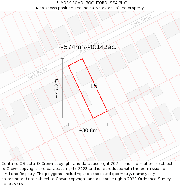 15, YORK ROAD, ROCHFORD, SS4 3HG: Plot and title map