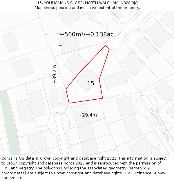 15, YOUNGMANS CLOSE, NORTH WALSHAM, NR28 9JQ: Plot and title map