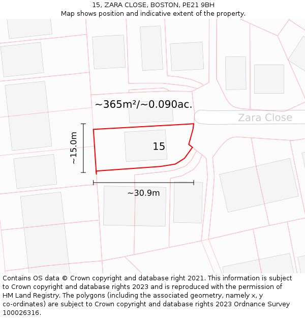 15, ZARA CLOSE, BOSTON, PE21 9BH: Plot and title map