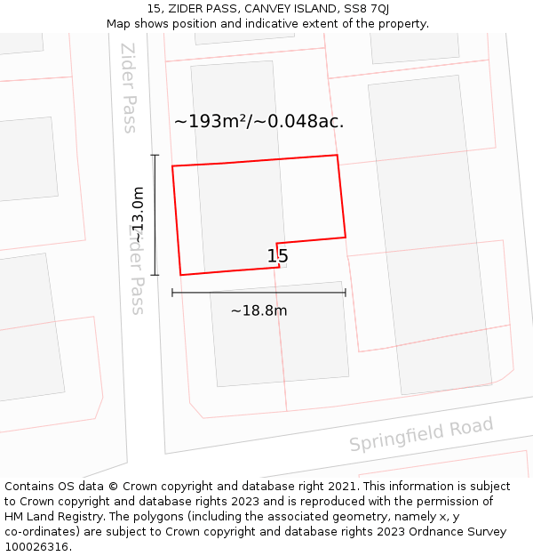 15, ZIDER PASS, CANVEY ISLAND, SS8 7QJ: Plot and title map