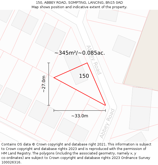 150, ABBEY ROAD, SOMPTING, LANCING, BN15 0AD: Plot and title map