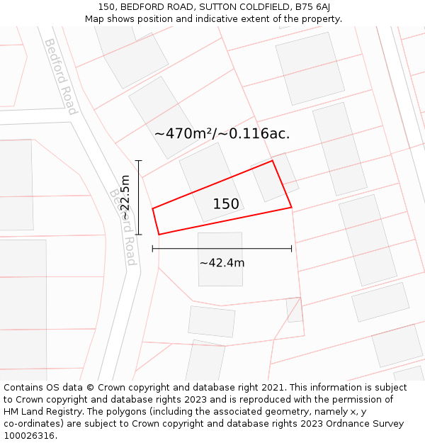 150, BEDFORD ROAD, SUTTON COLDFIELD, B75 6AJ: Plot and title map