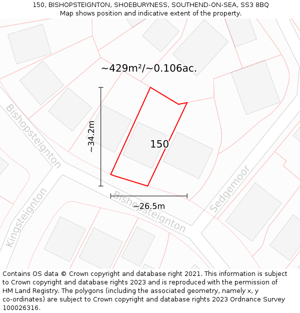 150, BISHOPSTEIGNTON, SHOEBURYNESS, SOUTHEND-ON-SEA, SS3 8BQ: Plot and title map