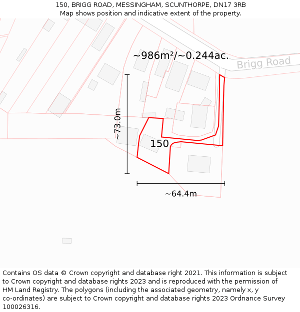 150, BRIGG ROAD, MESSINGHAM, SCUNTHORPE, DN17 3RB: Plot and title map