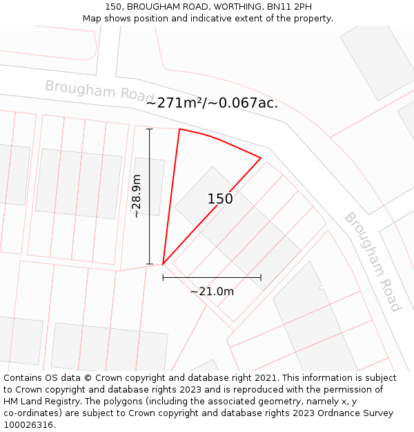 150, BROUGHAM ROAD, WORTHING, BN11 2PH: Plot and title map