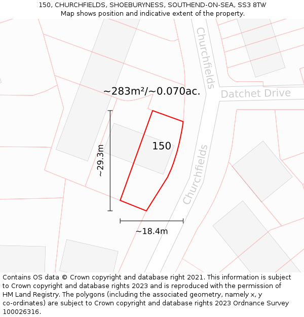 150, CHURCHFIELDS, SHOEBURYNESS, SOUTHEND-ON-SEA, SS3 8TW: Plot and title map