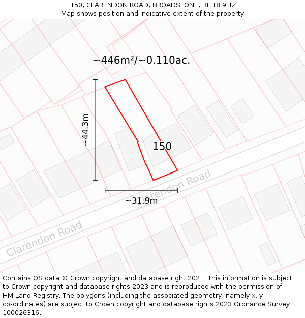 150, CLARENDON ROAD, BROADSTONE, BH18 9HZ: Plot and title map