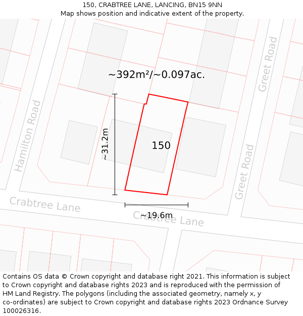 150, CRABTREE LANE, LANCING, BN15 9NN: Plot and title map
