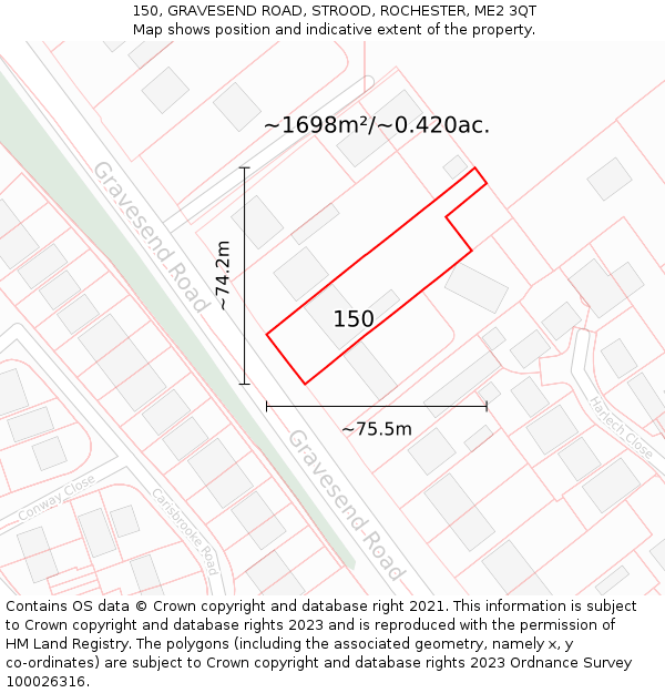150, GRAVESEND ROAD, STROOD, ROCHESTER, ME2 3QT: Plot and title map