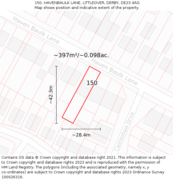 150, HAVENBAULK LANE, LITTLEOVER, DERBY, DE23 4AG: Plot and title map