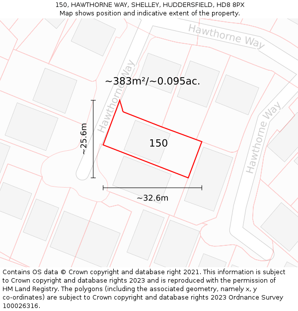 150, HAWTHORNE WAY, SHELLEY, HUDDERSFIELD, HD8 8PX: Plot and title map