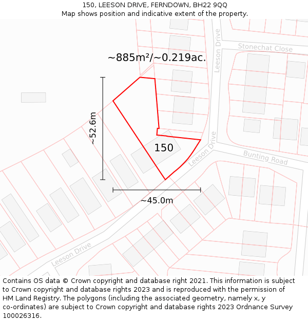 150, LEESON DRIVE, FERNDOWN, BH22 9QQ: Plot and title map
