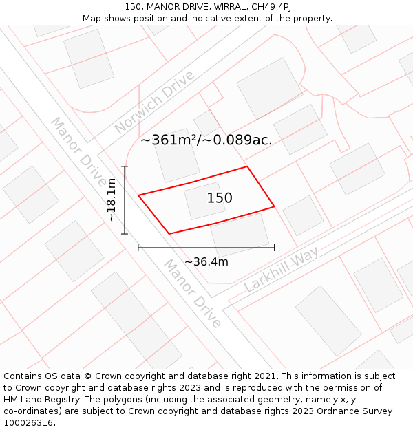150, MANOR DRIVE, WIRRAL, CH49 4PJ: Plot and title map