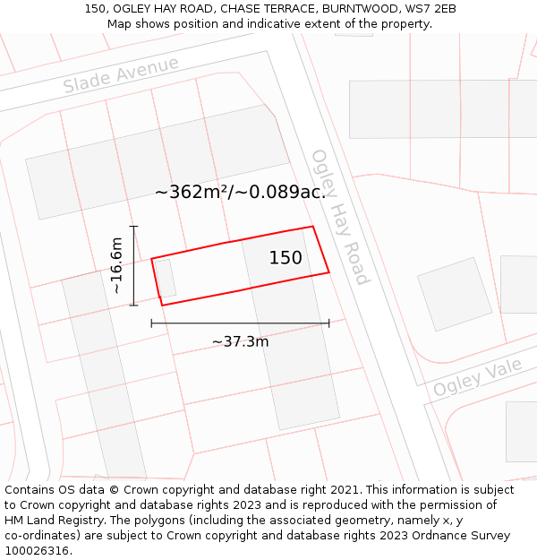 150, OGLEY HAY ROAD, CHASE TERRACE, BURNTWOOD, WS7 2EB: Plot and title map
