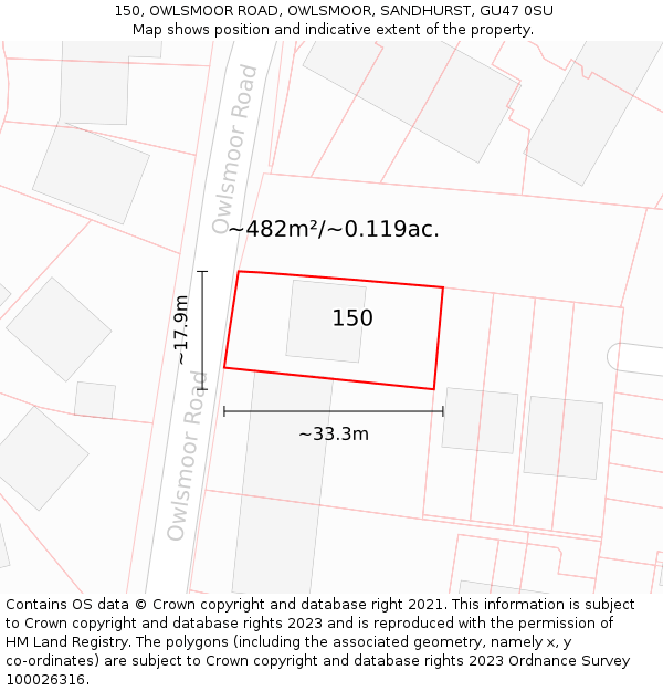 150, OWLSMOOR ROAD, OWLSMOOR, SANDHURST, GU47 0SU: Plot and title map