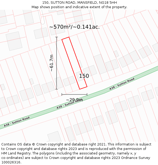150, SUTTON ROAD, MANSFIELD, NG18 5HH: Plot and title map
