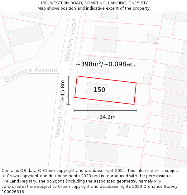 150, WESTERN ROAD, SOMPTING, LANCING, BN15 9TY: Plot and title map