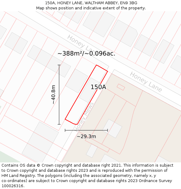150A, HONEY LANE, WALTHAM ABBEY, EN9 3BG: Plot and title map