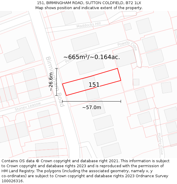 151, BIRMINGHAM ROAD, SUTTON COLDFIELD, B72 1LX: Plot and title map